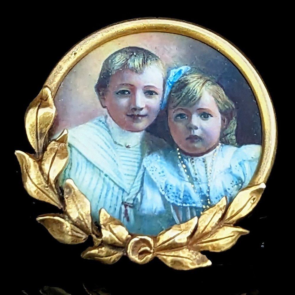 Antique Hand Painted Miniature Portrait in 14k Yellow Gold Brooch Pin Boy Girl